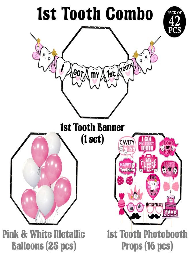 Zyozique I Got My First Tooth Photo Booth Props and I Got My First Tooth Paper Banner With Balloons /First Tooth Decoration/First Tooth Decoration Items for Baby (Pack of 42) Pink - Image 2